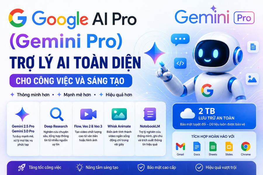 Tài khoản Google AI Pro (Gemini Pro): trợ lý AI toàn diện cho công việc và sáng tạo