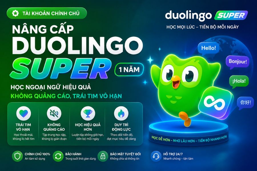 Nâng cấp Duolingo Super chính chủ 1 năm: học ngoại ngữ hiệu quả, không quảng cáo, trái tim vô hạn