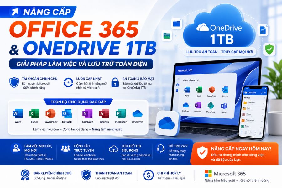 Nâng cấp Microsoft 365 + OneDrive 1TB Bản Quyền Chính Hãng